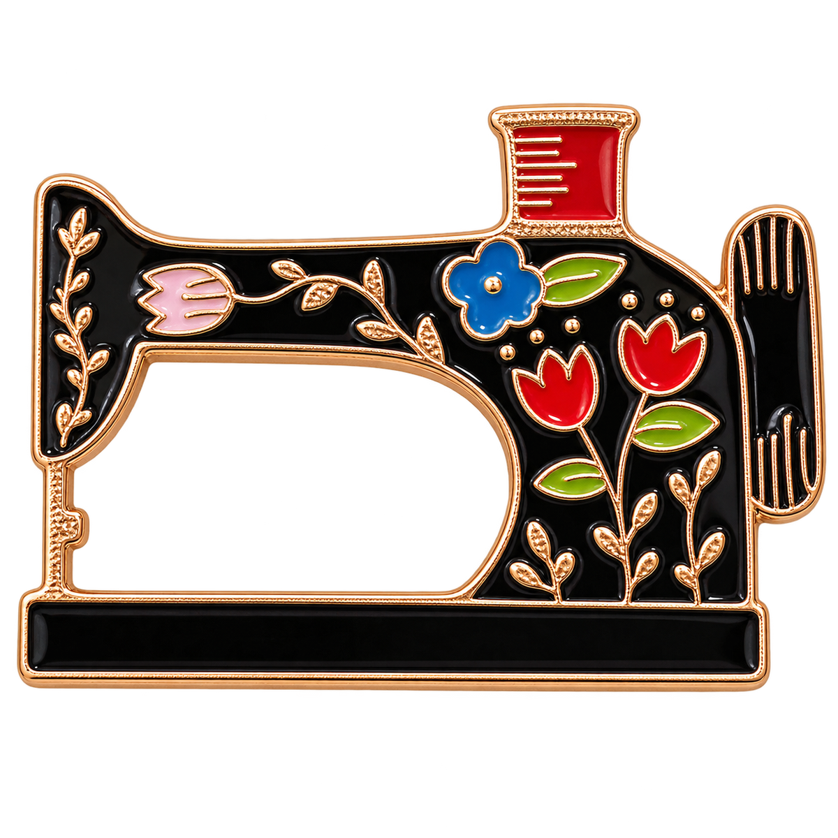 P1-1 naaimachine pin met bloemen en roodgoudkleurige lijnen – vrijstaande voorzijde