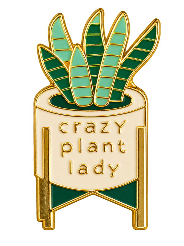 P1-3 Crazy plant lady pin – vrijstaande voorzijde met groene plant en crèmekleurige pot