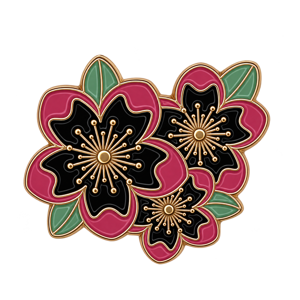 P1-4 Roze Met Zwarte Bloemen Pin – voorkant