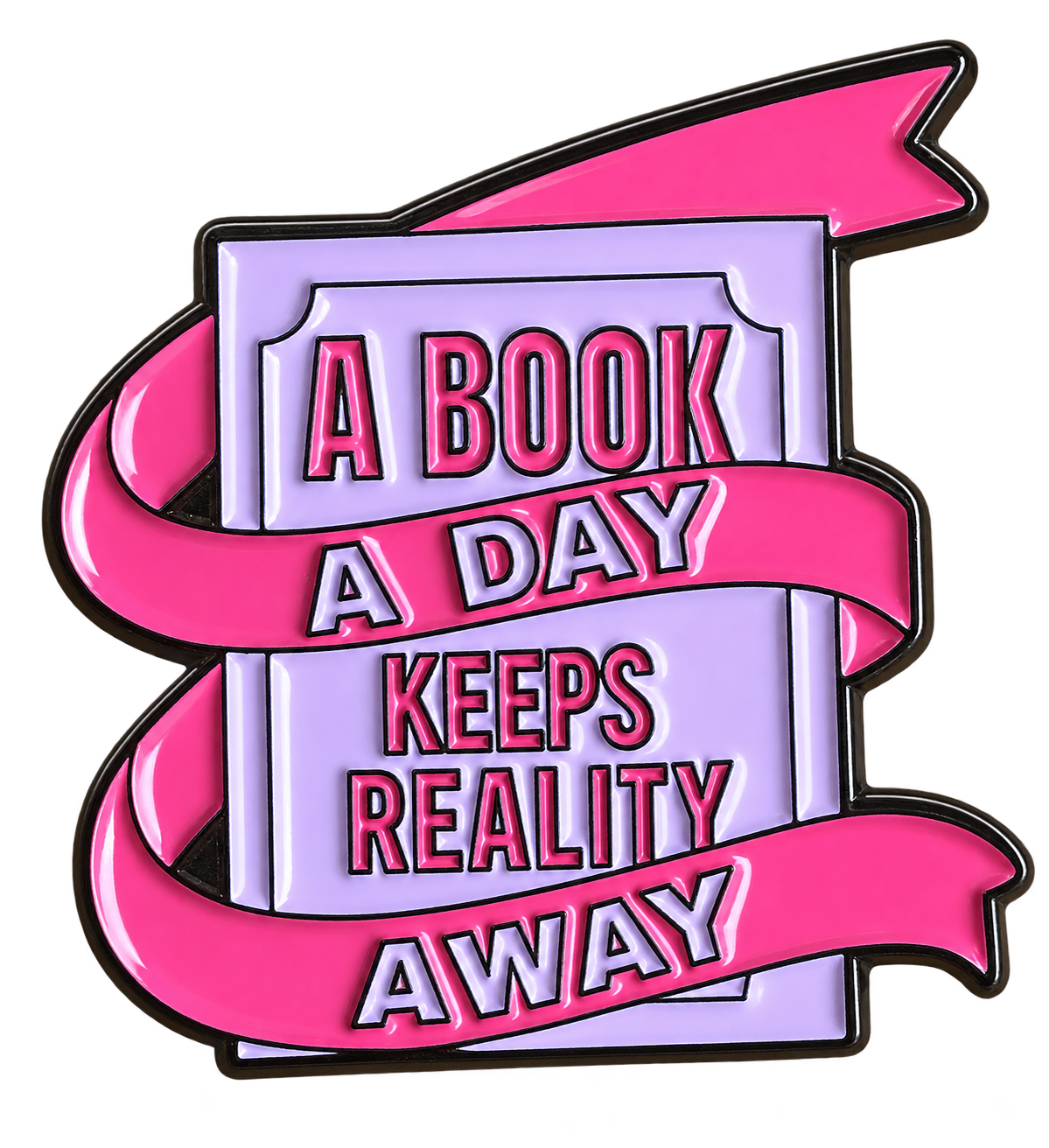 Roze en lila boek met de tekst A book a day keeps reality away, 3 × 3 cm, P10-5