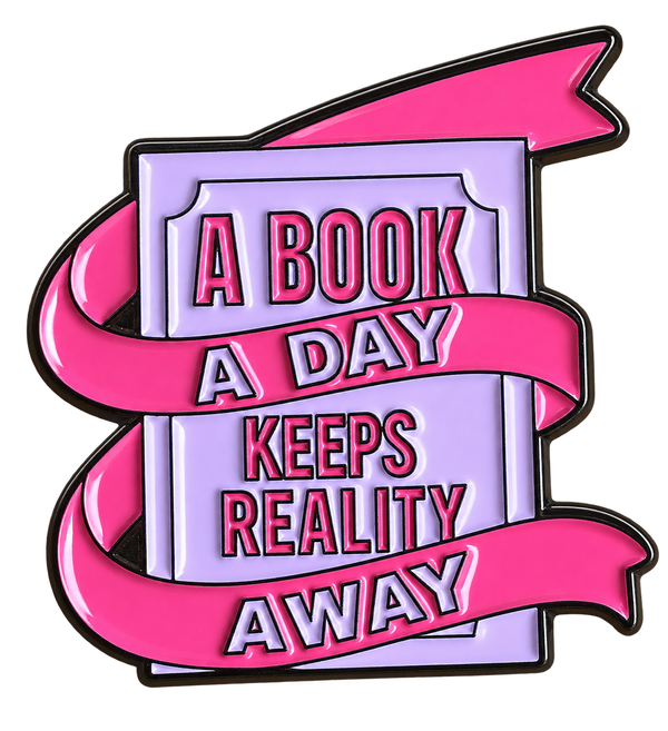 Roze en lila boek met de tekst A book a day keeps reality away, 3 × 3 cm, P10-5