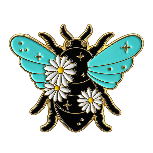 P4-1 Insect Met Blauwe Vleugels En Bloemen Pin – voorkant