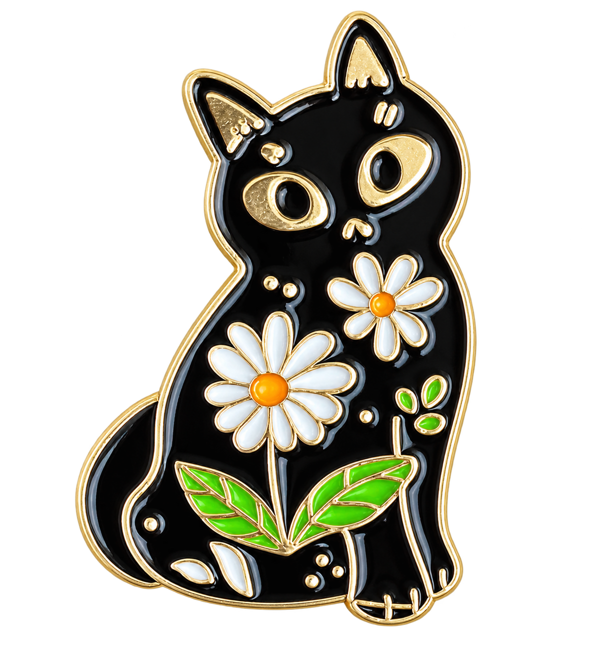 P5-14 zwarte kat met bloemen pin – vrijstaande voorzijde