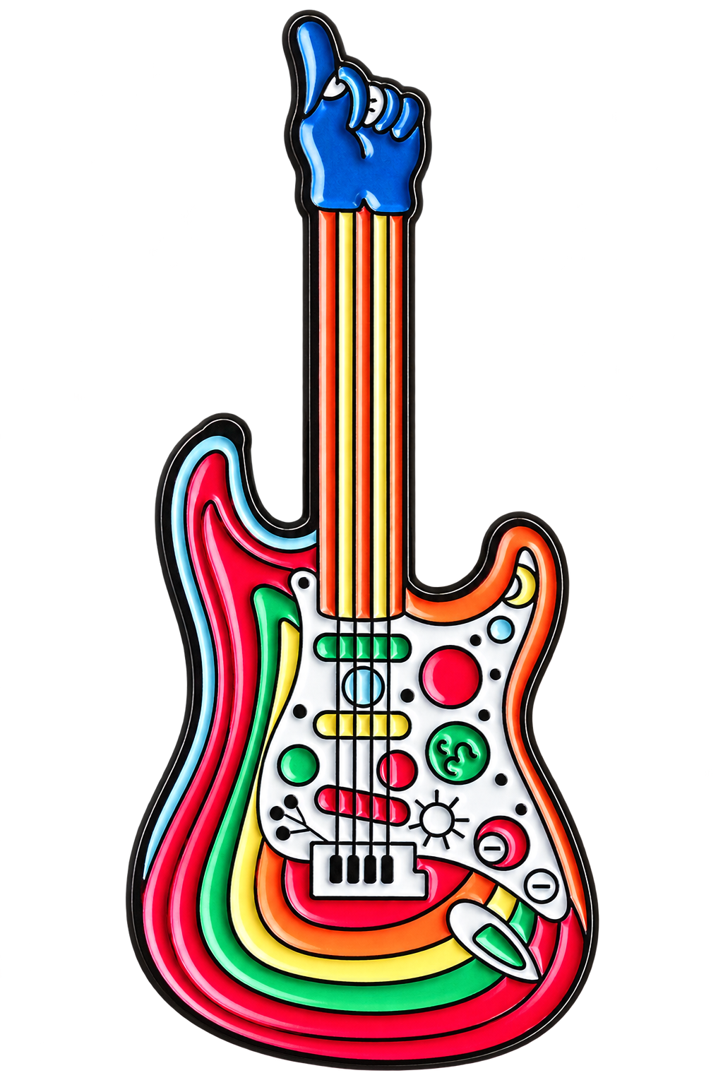 Kleurrijke elektrische gitaar emaille pin met regenboogkleuren en blauwe hand, voorzijde