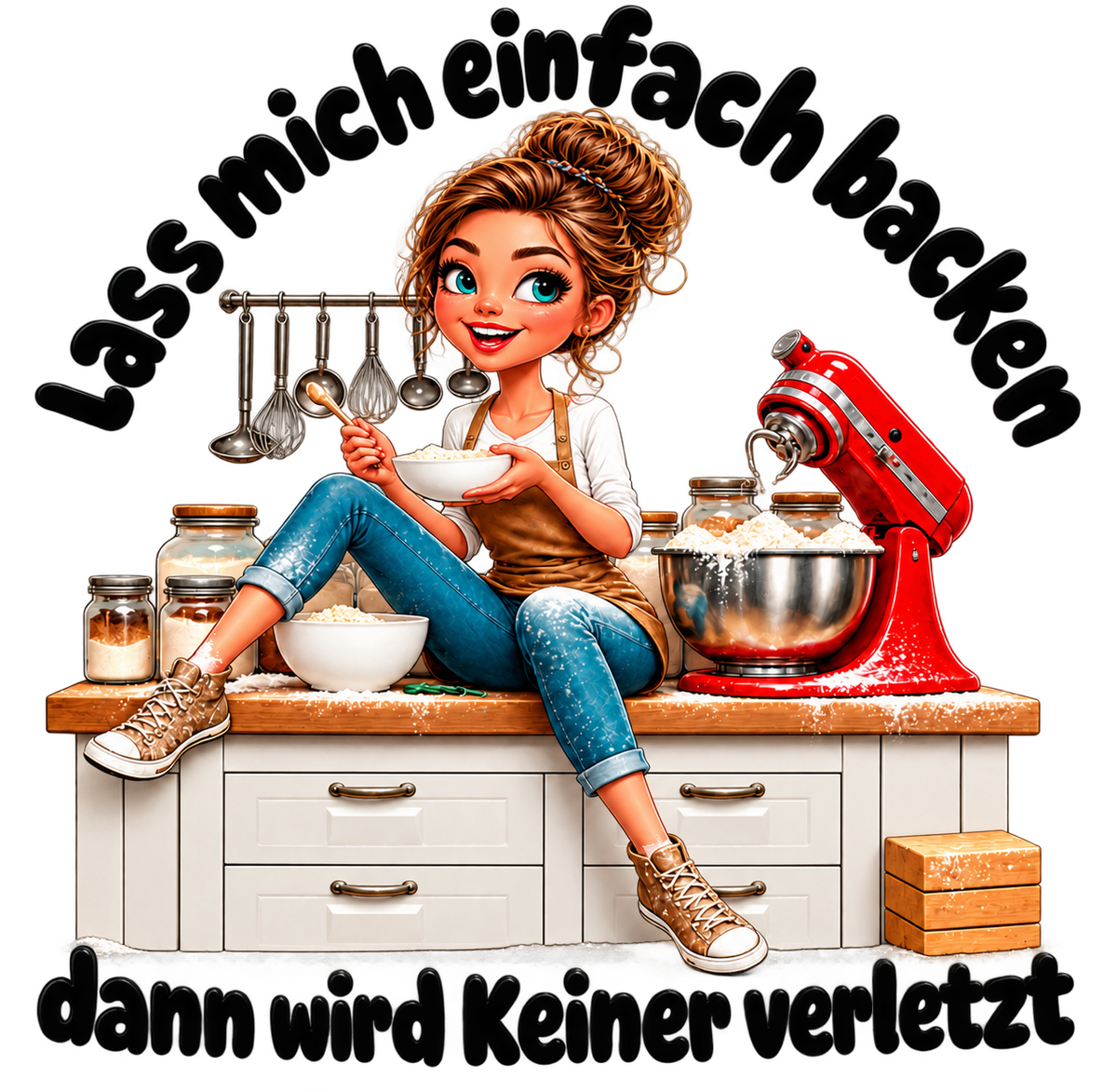 Bakgeluk – bakster met rode mixer en Duitse spreuk