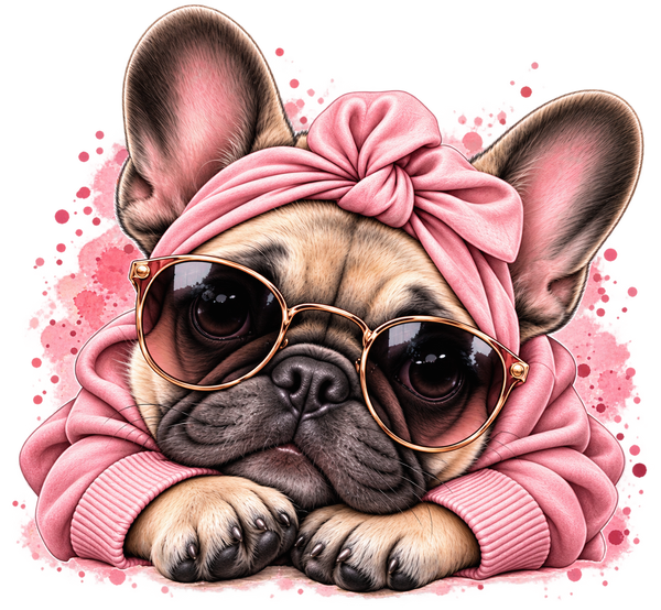Roze diva – Franse bulldog met roze strik, hoodie en zonnebril