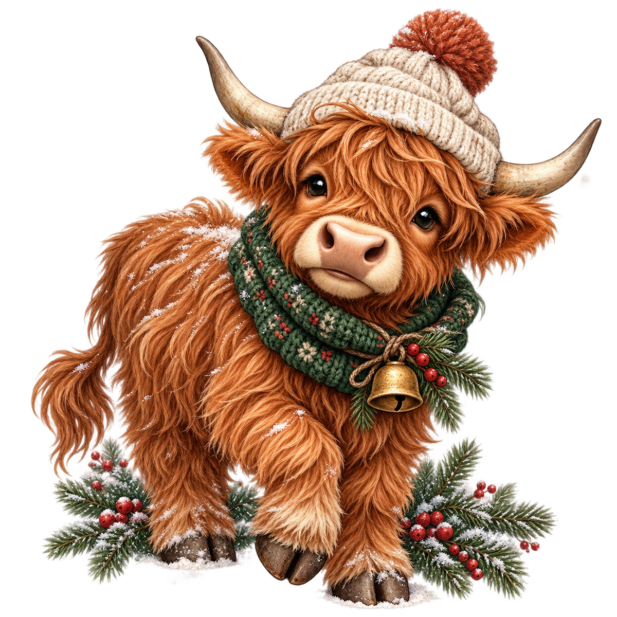 Kerstknuffel – Schotse hooglander met wintermuts, groene sjaal en kersttakken