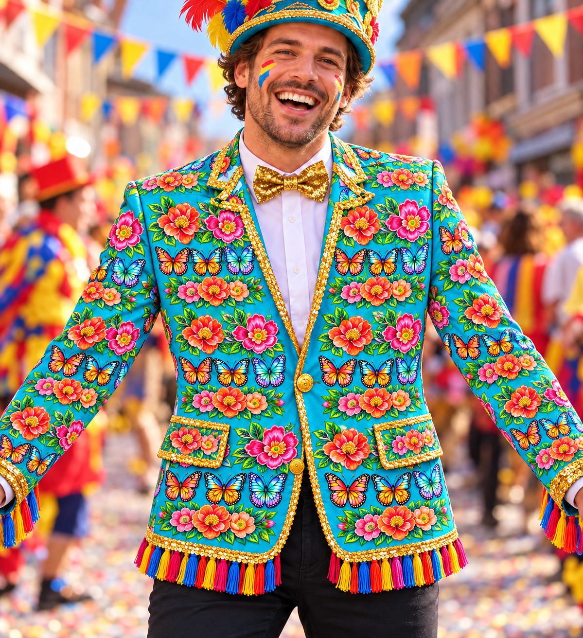 Illustratief gebruiksvoorbeeld: uitbundig carnavalsjasje vol complete herhaalde bloemen-en-vlinderontwerpen; hiervoor zijn meerdere applicatievellen gebruikt