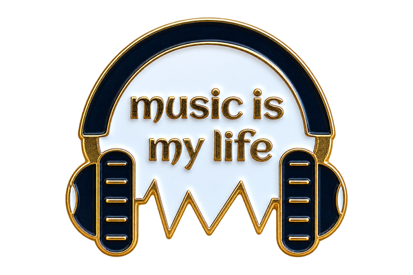 Koptelefoon in donkerblauw, wit en goudkleur met de tekst music is my life, voorzijde