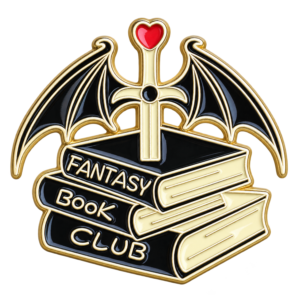 Fantasy Book Club met drie boeken, zwaard, rood hart en zwarte vleugels – vrijstaande voorzijde