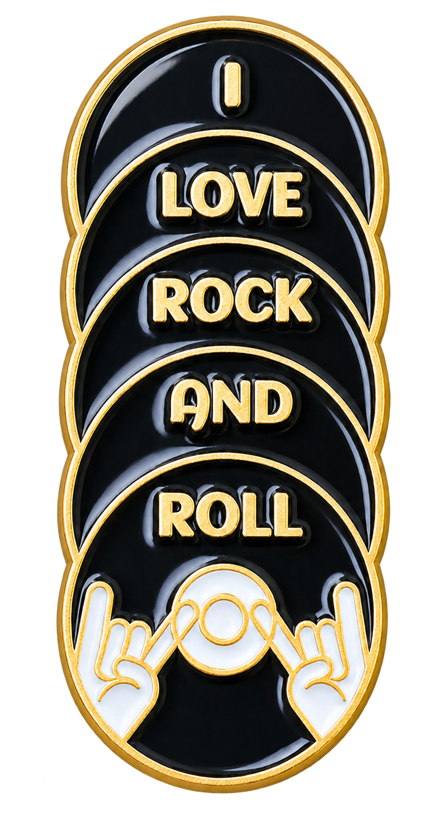 Zwarte platen met goudkleurige tekst I love rock and roll en witte handen, vrijstaande voorzijde