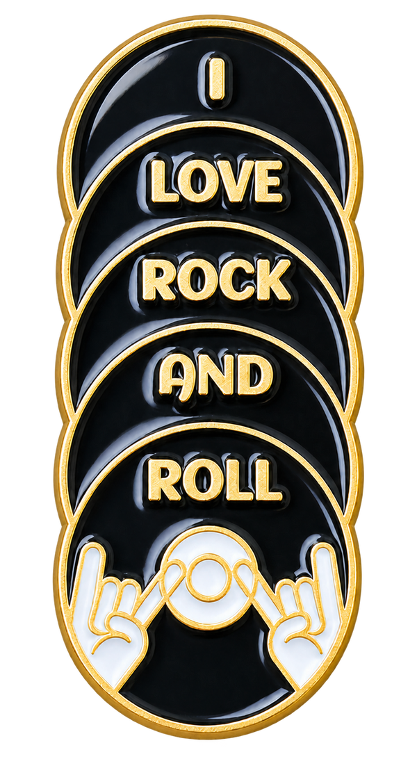 Zwarte platen met goudkleurige tekst I love rock and roll en witte handen, vrijstaande voorzijde
