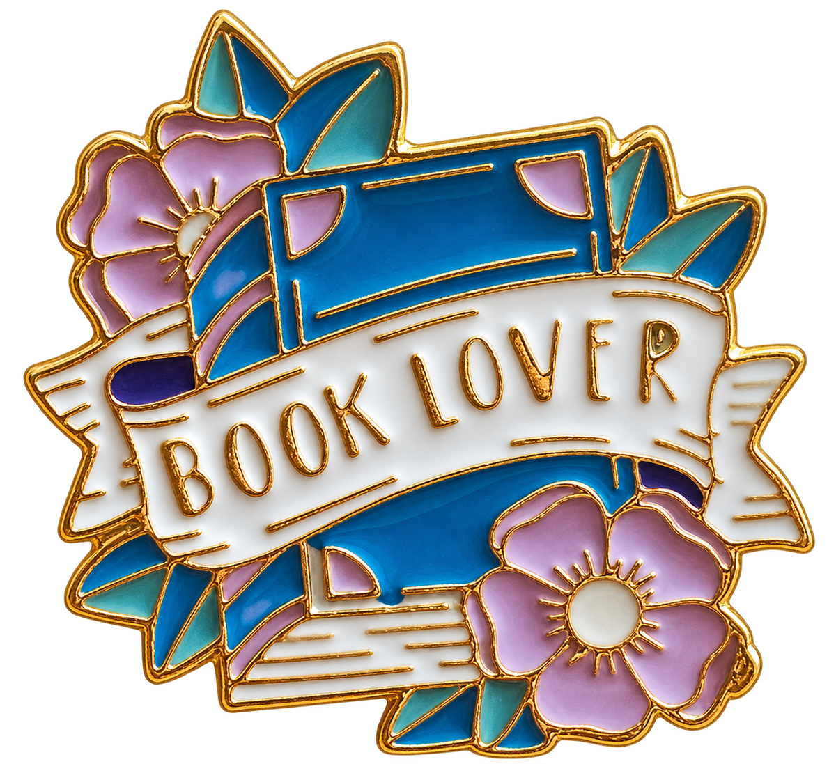 Blauw boek met paarse bloemen en wit lint met tekst Book Lover, voorzijde