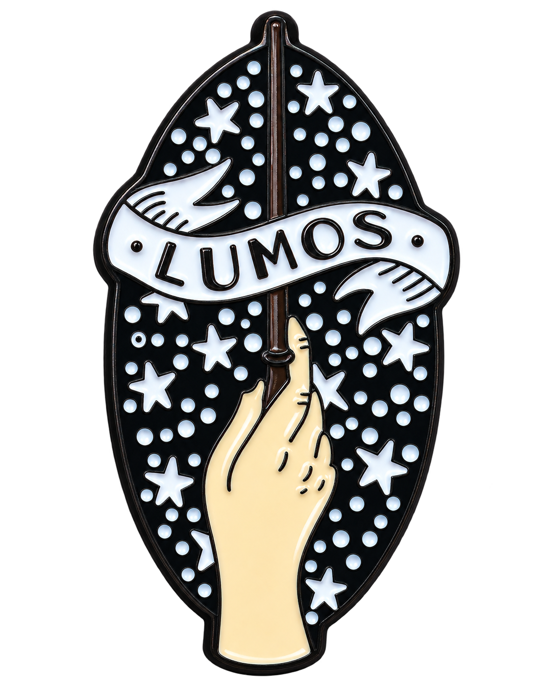 Hand met toverstaf, witte sterren en een lint met de tekst Lumos, voorzijde