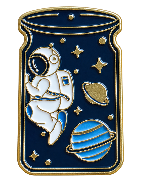 Astronaut tussen sterren en planeten in een donkerblauw potje, voorzijde