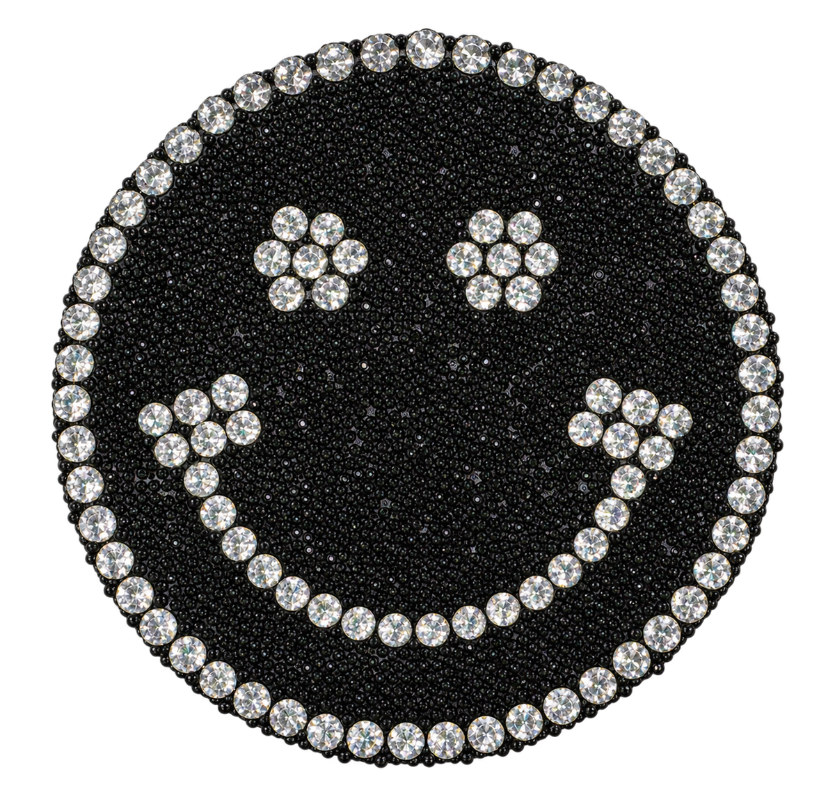 Zwarte smiley strass patch met zilverkleurige rand en bloemvormige ogen, vrijstaand