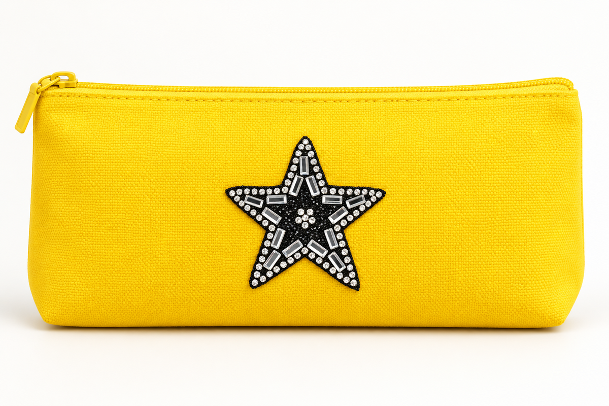 Zwarte glitterster strass patch op een geel etui – SP0020