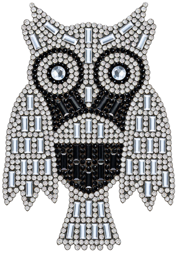 Zilveren uil met zwarte accenten strass patch, vrijstaand – SP0027