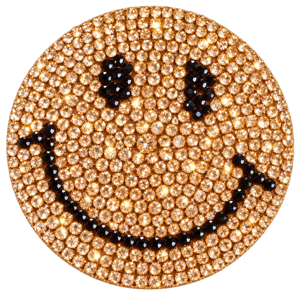 Gouden smiley strass patch met zwarte ogen en glimlach – SP0029
