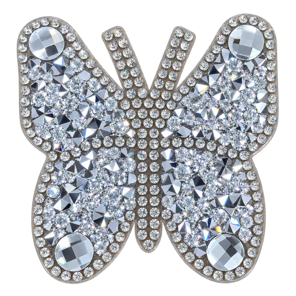 Zilveren vlinder strass patch, 6,2 × 6,2 cm, SP0037