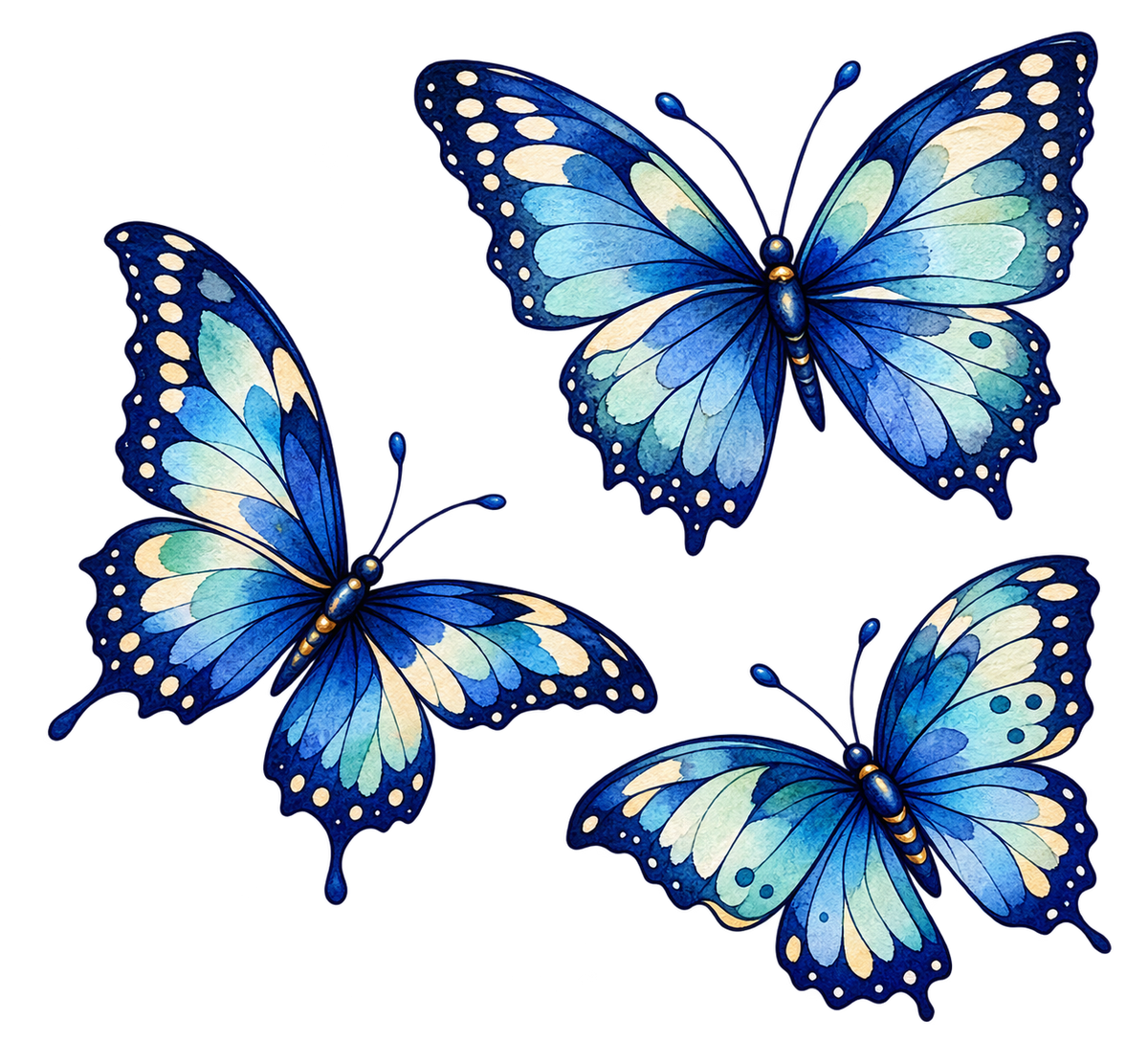 Drie blauwe aquarelvlinders – Blauwe vlinderdans strijkapplicatie