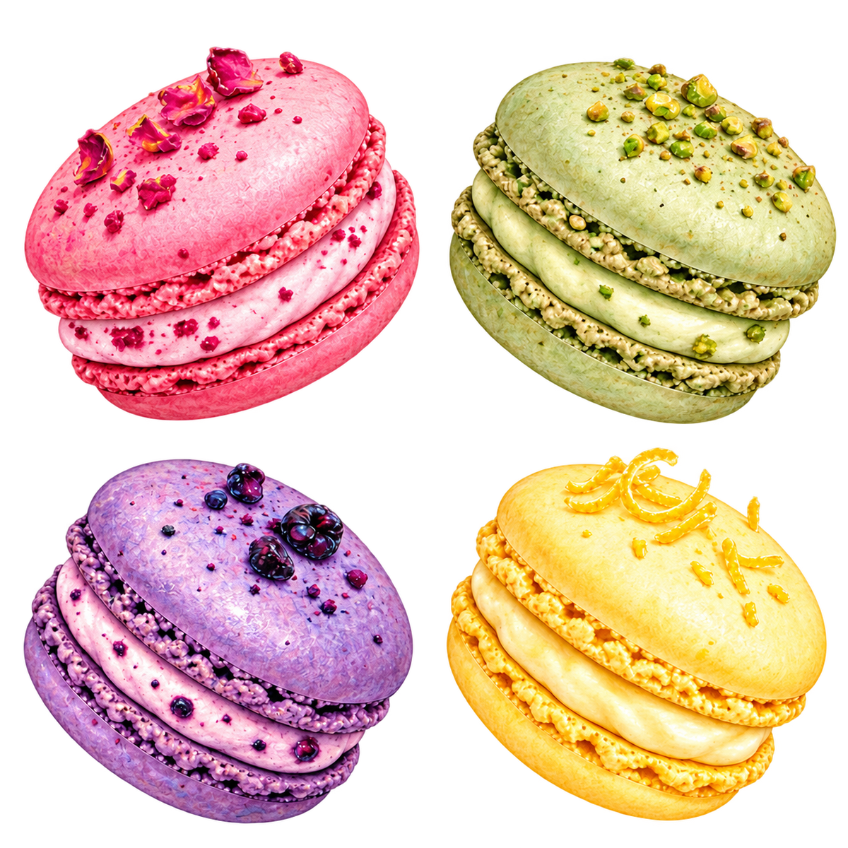 Vier kleurrijke macarons in roze, groen, paars en geel – vrijstaand ontwerp