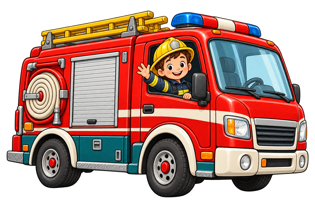Rode brandweerauto met gele ladder en zwaaiend brandweerheldje – Brandweerpret