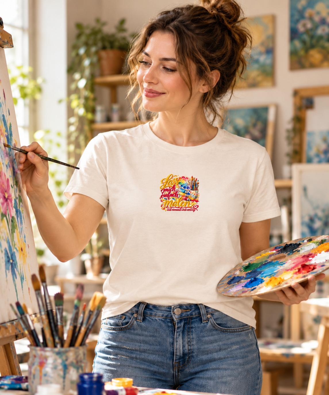 Illustratief gebruiksvoorbeeld V61: schilderende vrouw met extra kleine print op haar shirt