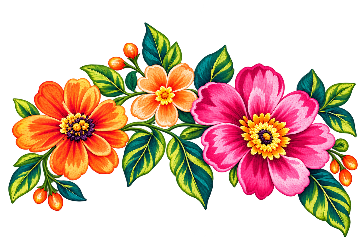 Bloementrio – drie oranje en roze bloemen met groene bladeren
