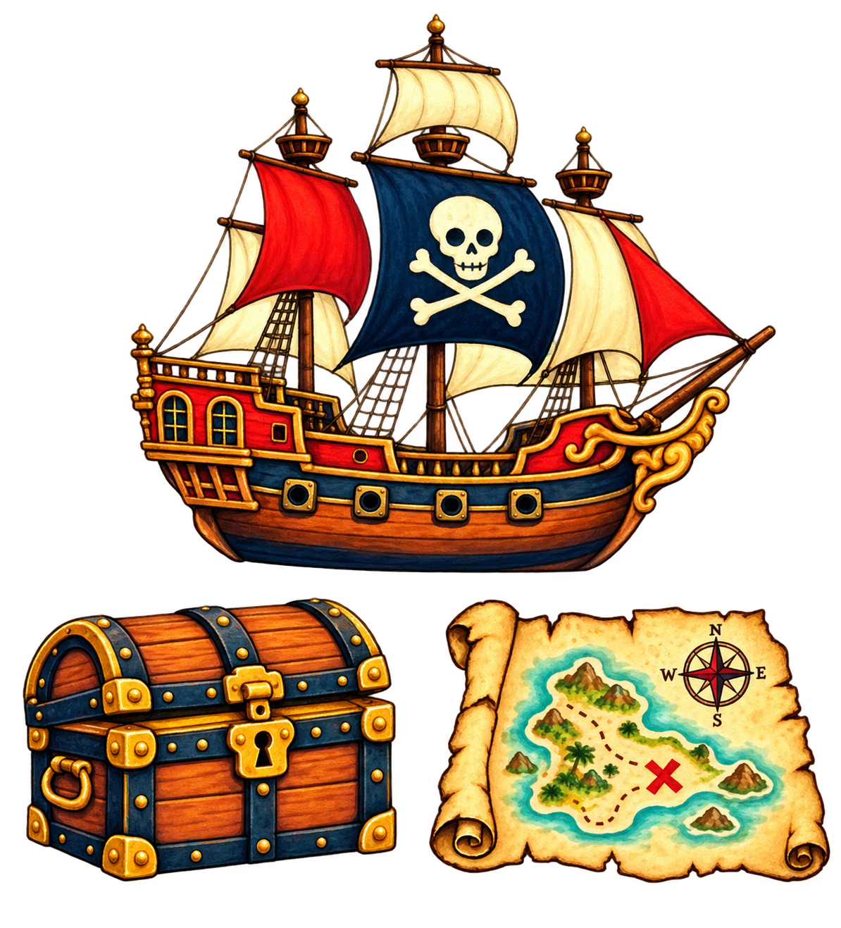 Vrijstaande strijkapplicatie met een piratenschip, schatkist en schatkaart met rood kruis