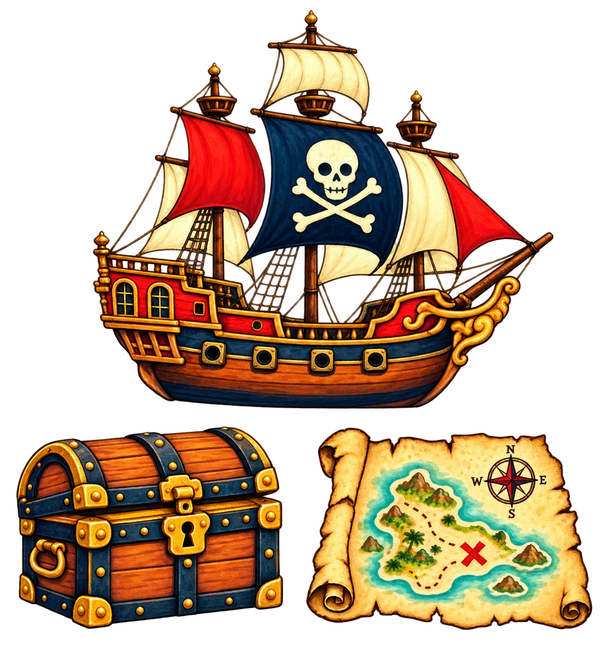 Vrijstaande strijkapplicatie met een piratenschip, schatkist en schatkaart met rood kruis