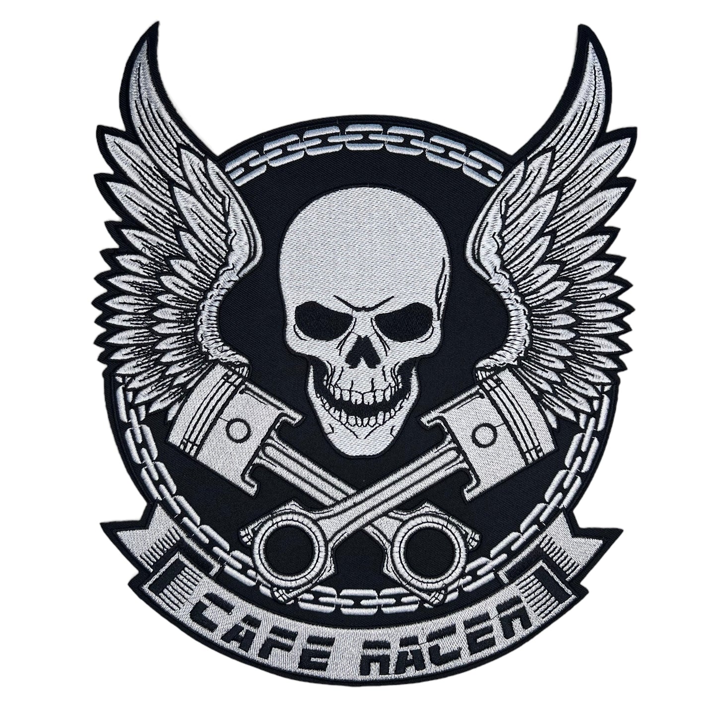 GP0015-zwart-witte-skull-met-vleugels-en-tekst-cafe-racer-patch