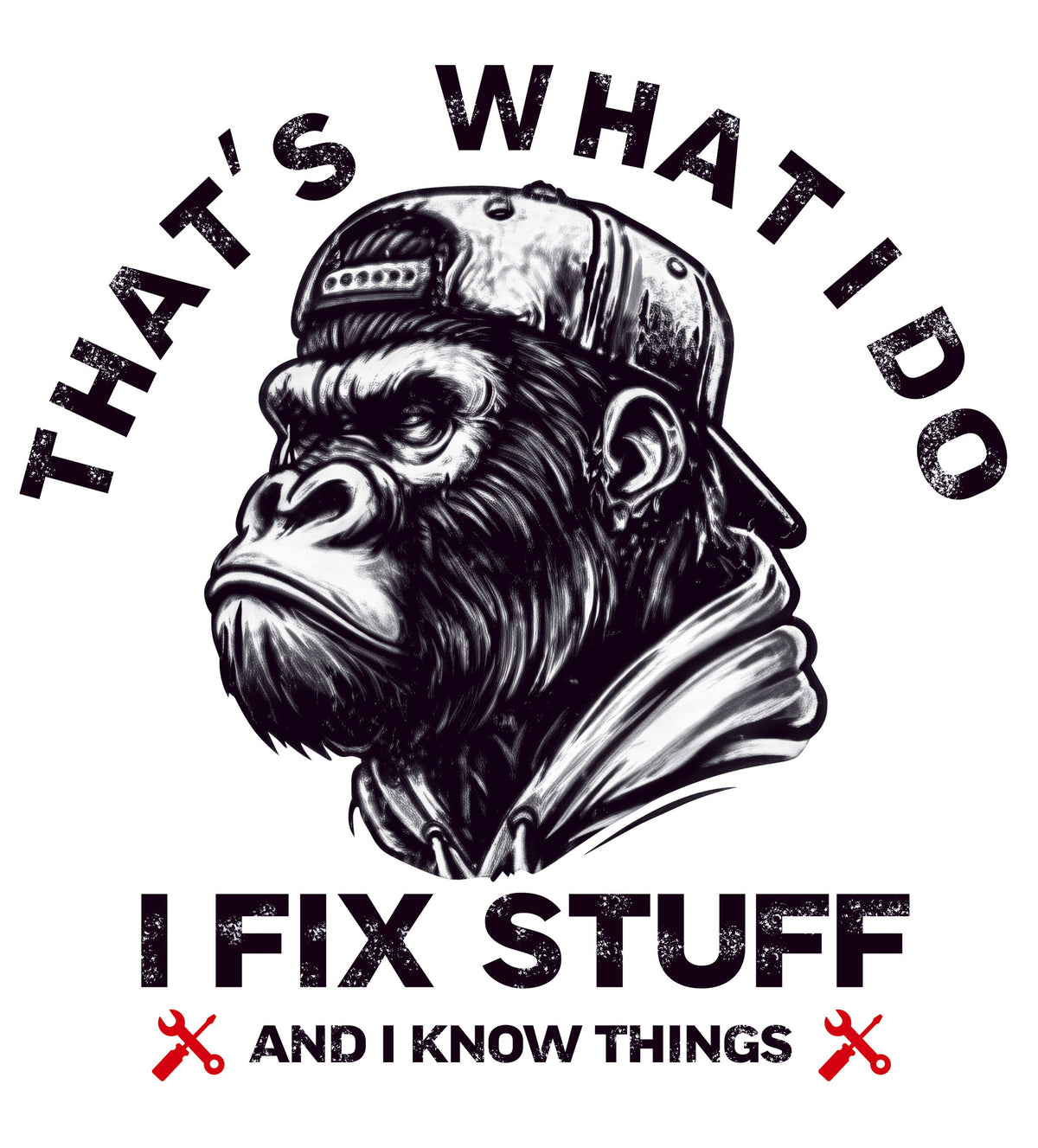 AV130-gorilla-met-pet-en-de-tekst-that's-what-I-do-I-fix-stuff-applicatie