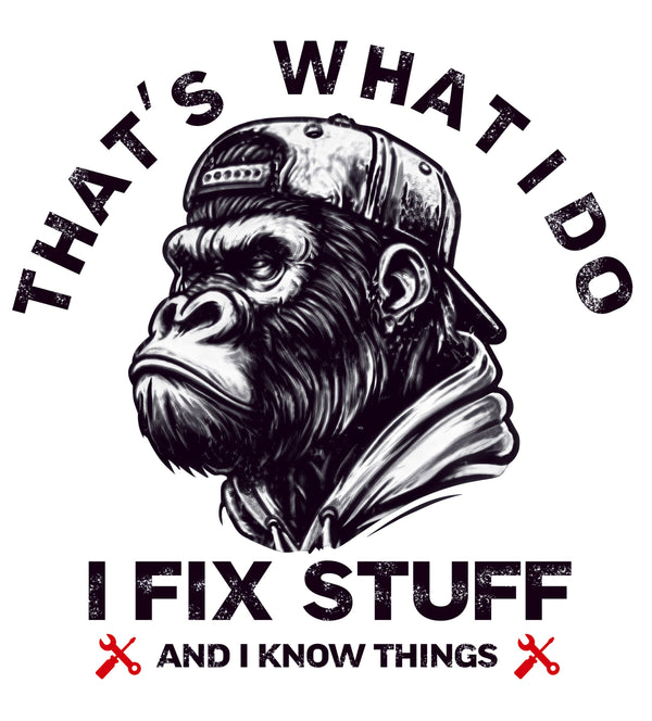AV130-gorilla-met-pet-en-de-tekst-that's-what-I-do-I-fix-stuff-applicatie