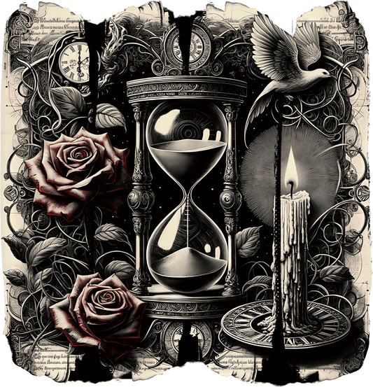 AV188-zwart-witte-zandloper-met-rozen-kaarsen-en-een-duif-applicatie