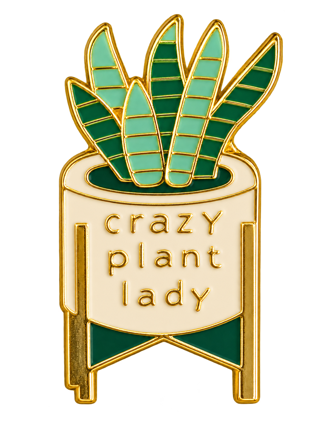 P1-3 Crazy plant lady pin – vrijstaande voorzijde met groene plant en crèmekleurige pot