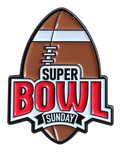 Bruine American football met witte strepen en het opschrift Super Bowl Sunday in rood, wit en zwart