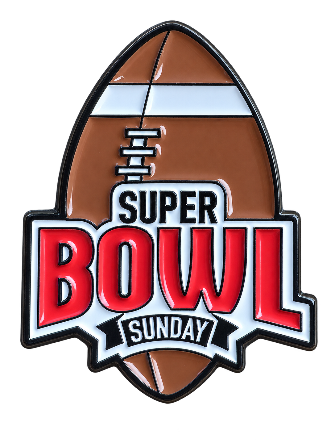 Bruine American football met witte strepen en het opschrift Super Bowl Sunday in rood, wit en zwart