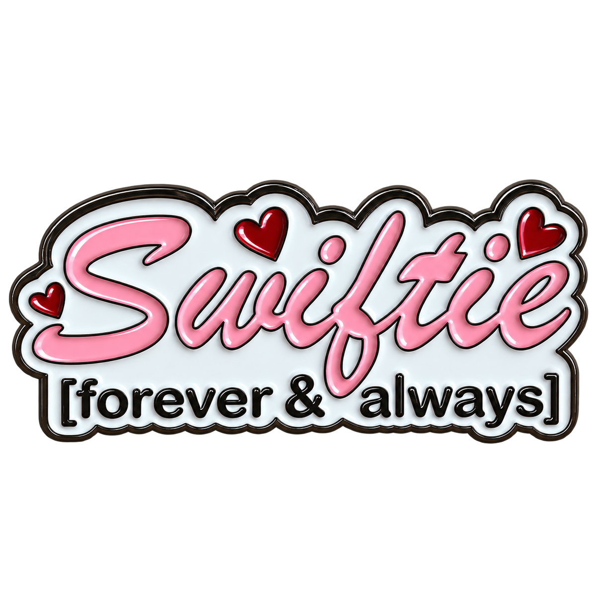 Roze Swiftie-letters met rode hartjes en het opschrift forever & always op witte achtergrond