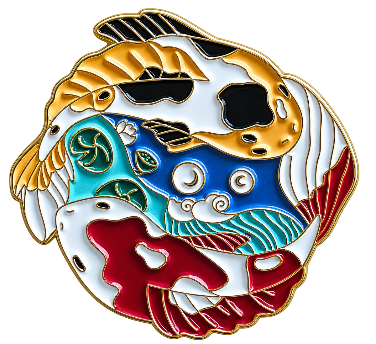 Twee koi in rood, wit, goudkleur en zwart rond blauw water met golven en waterlelies