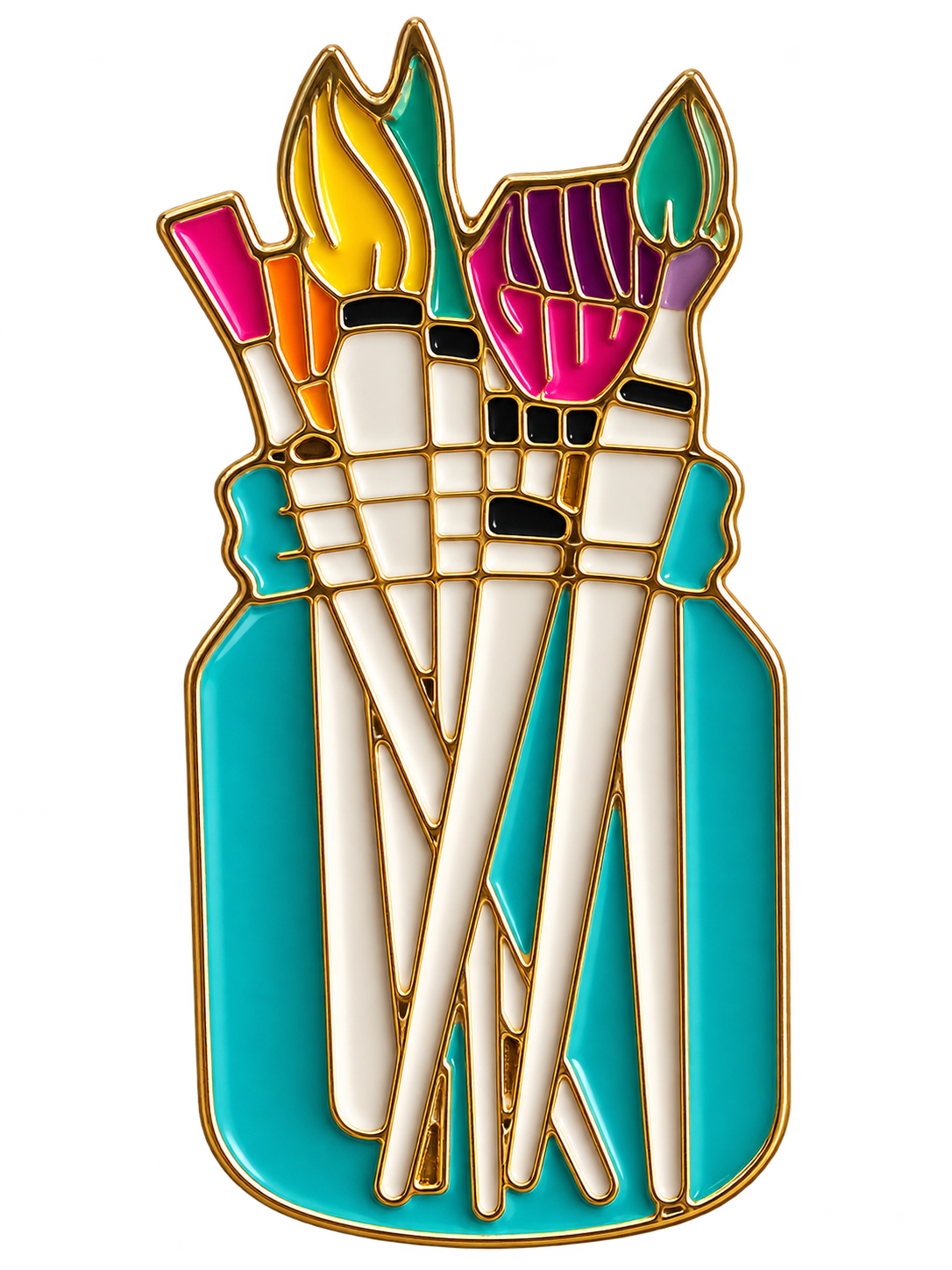 Verfkwasten in een turquoise pot, kleurrijke emaille pin met goudkleurige lijnen, voorzijde