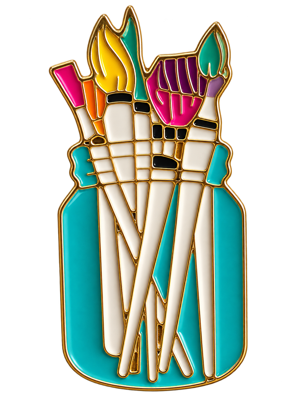 Verfkwasten in een turquoise pot, kleurrijke emaille pin met goudkleurige lijnen, voorzijde