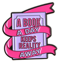 Roze en lila boek met de tekst A book a day keeps reality away, 3 × 3 cm, P10-5