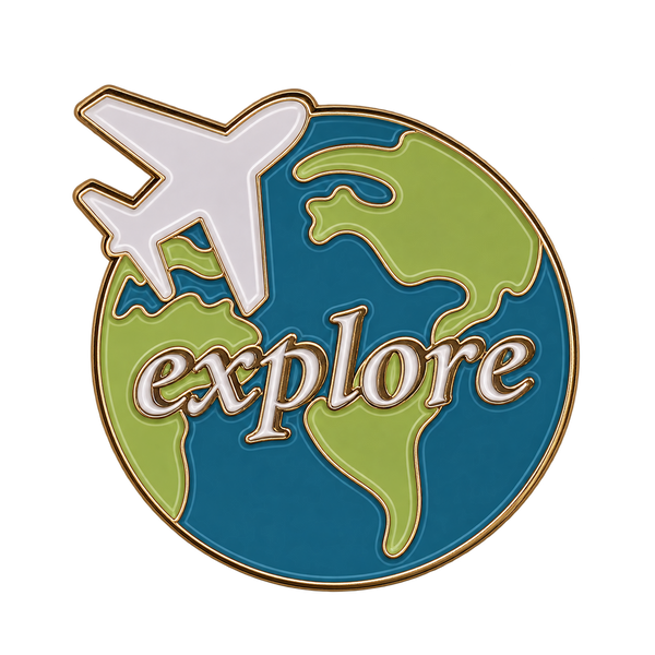 P3-16 Wereldbol Met Vliegtuig En Tekst Explore Pin – voorkant