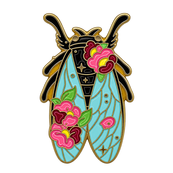 P4-3 Insect Met Blauwe Vleugels En Roze Bloemen Pin – voorkant