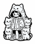 P6-13 meisje met vier katten pin op witte achtergrond
