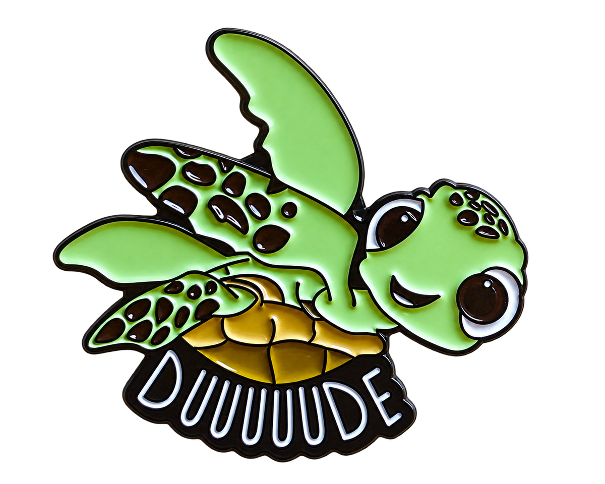 Vliegende groene schildpad pin DUUUUUDE voorkant