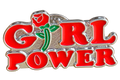 Girl Power emaille pin met rode letters en een roos, voorzijde