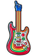 Kleurrijke elektrische gitaar emaille pin met regenboogkleuren en blauwe hand, voorzijde