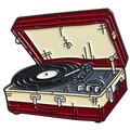 Retro platenspeler pin met bordeauxrode koffer, crèmekleurige binnenkant en zwarte vinylplaat, voorzijde